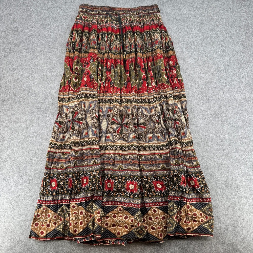 Basic Editions Womens Red Boho Paisley Floral Cotton Maxi Skirt Elastic Waist 37